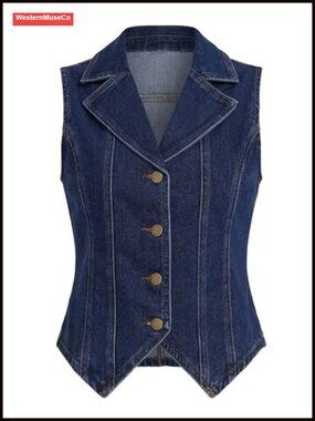 Denim Vest Top Lapel Collar Sleeveless Jean Vest Waistcoat for Women